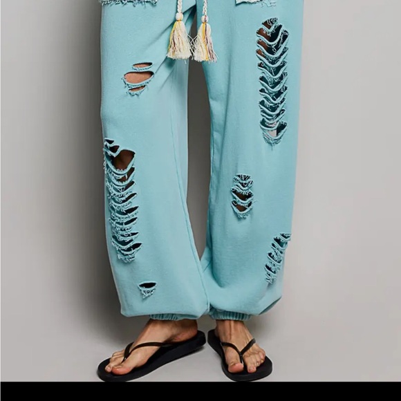 POL Pants - NWT! ON SALE!!! French Terry Powder Blue Boho pants, braided & tasseled drawstr